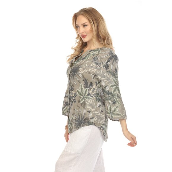 Taupe Leaf Print V-Neck Button Top - Picture 2 of 7